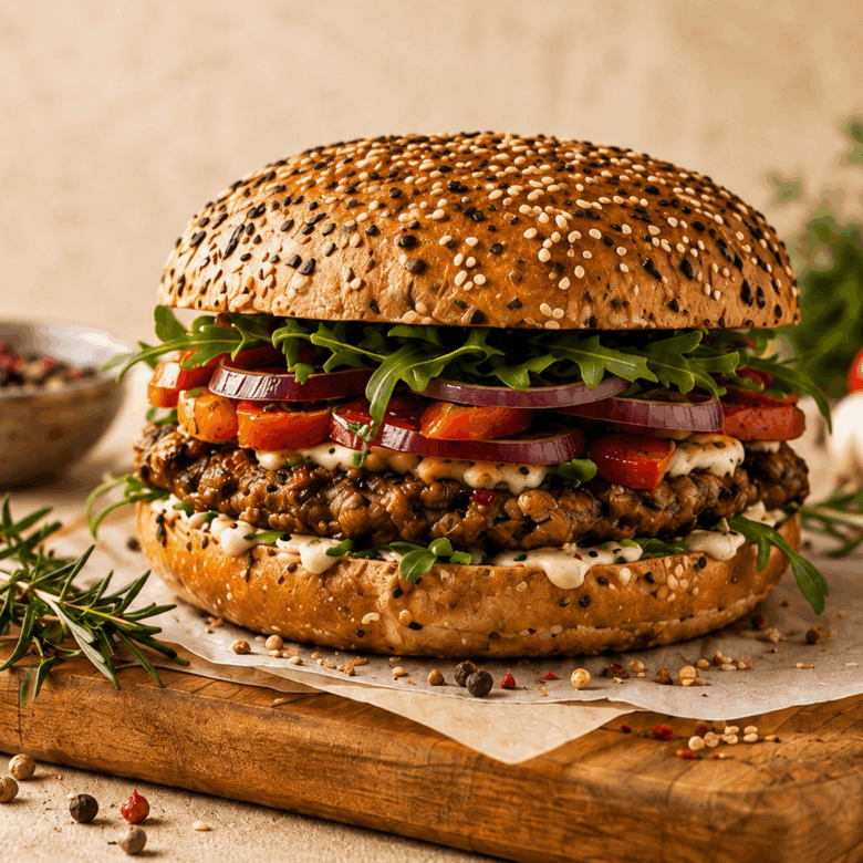 Burger beef&vege z kaszą i warzywami